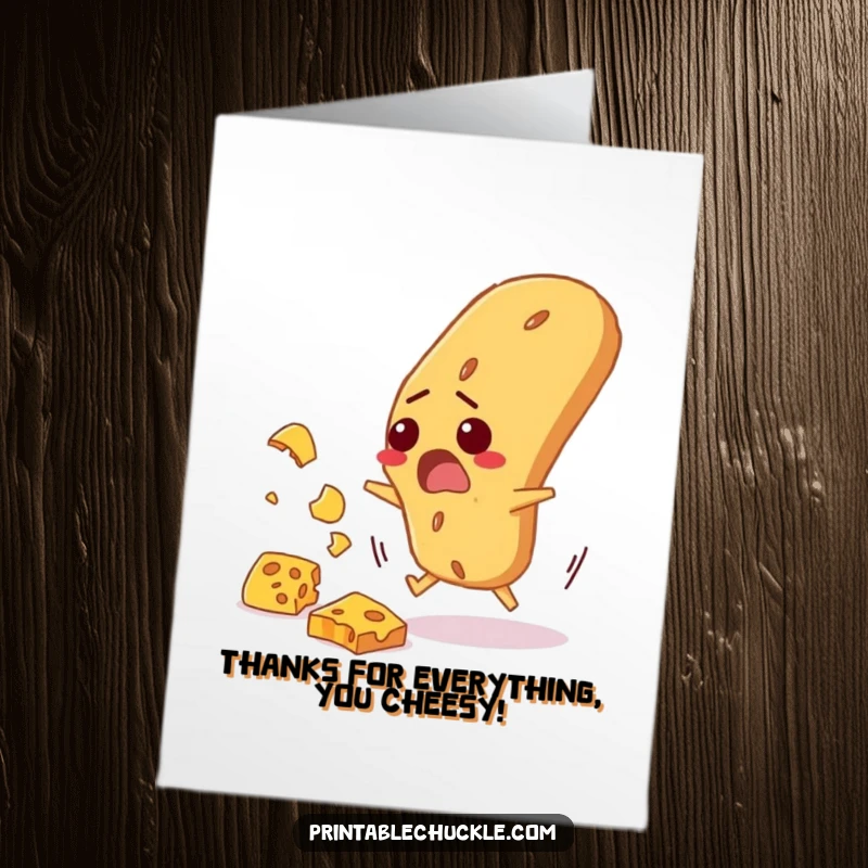 Funny Free Printable Thank You Card: Startled baguette frantically dodging falling cheese, a humorous expression of gratitude.