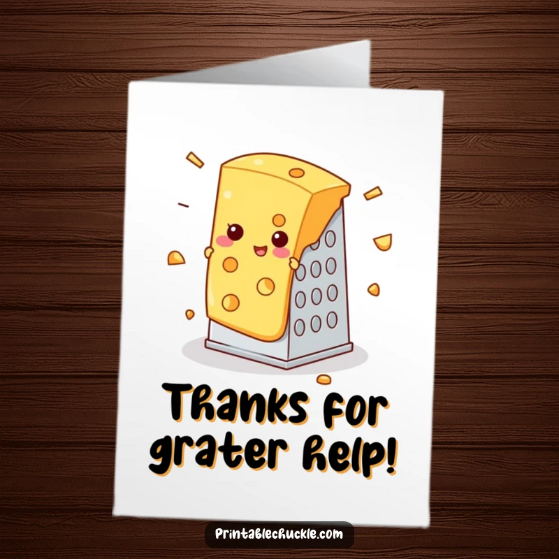 Funny Free Printable Thank You Card: Slice of cheese caught in a cheese grater mishap, a hilarious downloadable gratitude gift.