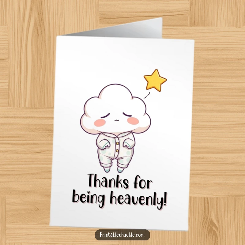 Funny Free Printable Thank You Card: A sleepy cloud in pajamas gently tries to catch a falling star.