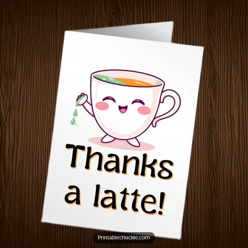 Funny Free Printable Thank You Card: Enthusiastic teacup character tries to pour itself while offering thanks.