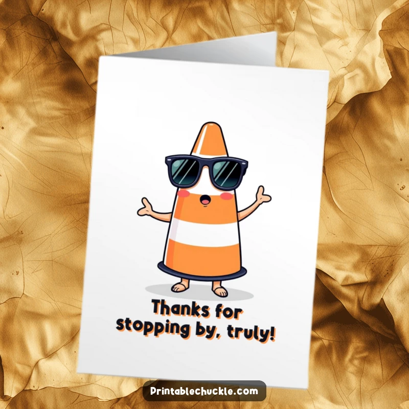 Funny Free Printable Thank You Card featuring a traffic cone in sunglasses attempting to salsa, perfect for unique gratitude.