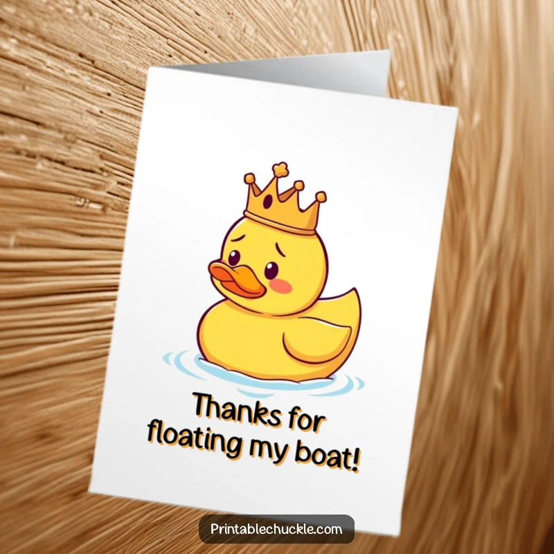 Funny Free Printable Thank You Card: A silly rubber duck wearing a crown, floating with confusion.
