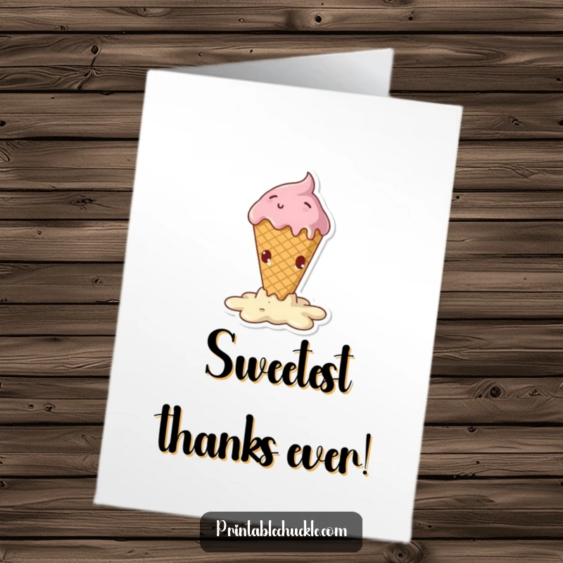 Funny Free Printable Thank You Card showing a melting ice cream cone in a dramatic fall, expressing thanks humorously.