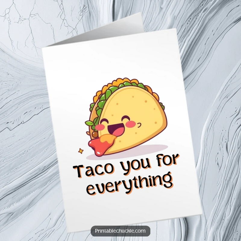 Funny Free Printable Thank You Card: A smiling taco devouring a giant, floating taco with glee.