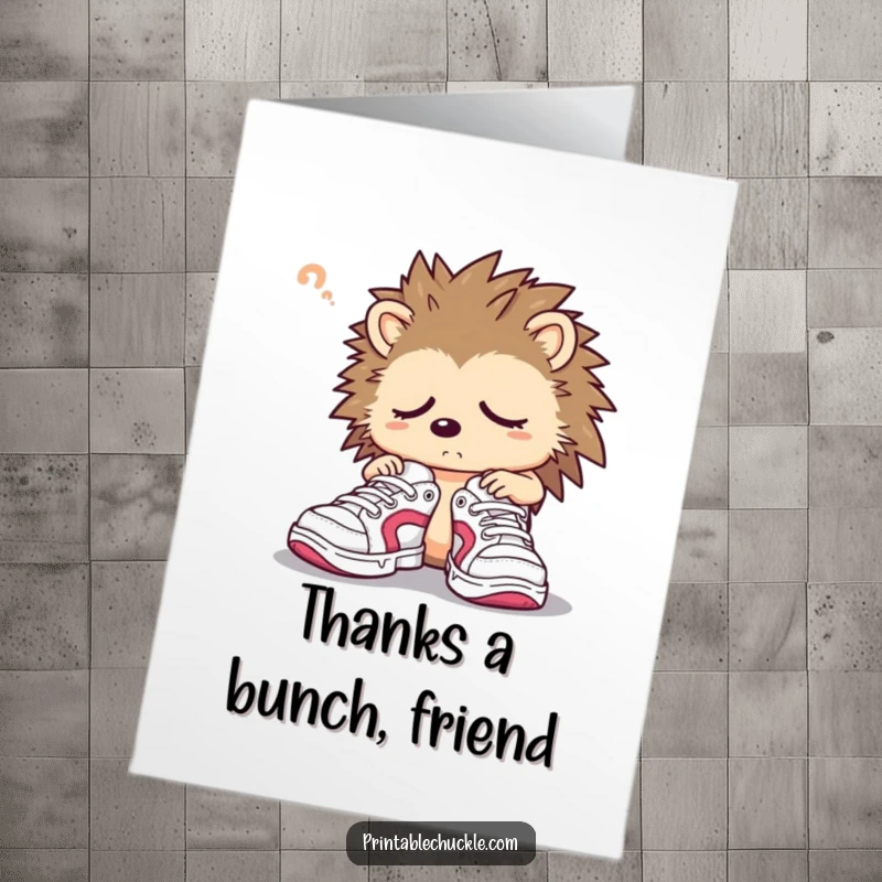 Funny Free Printable Hedgehog Thank You Card: A sleepy hedgehog looks bewildered trying to wear large sneakers, saying thank you.