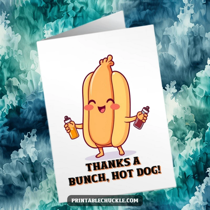 Funny Free Printable Thank You Card: A happy hot dog juggles tiny condiment bottles, showcasing a wonderfully witty way to express gratitude.