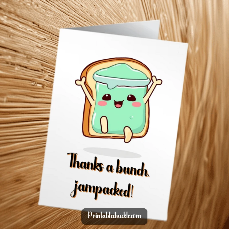 Funny free printable thank you card, a toast character dramatically diving into a jelly jar with a grateful expression.