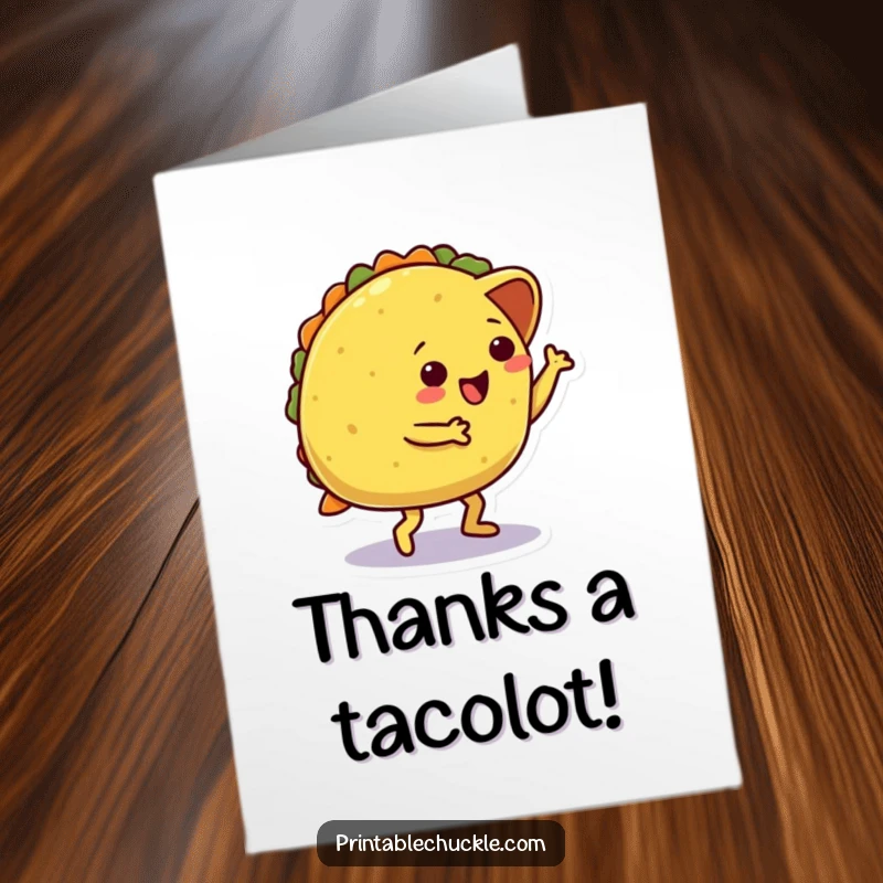 Funny free printable thank you card showing a dancing taco character comically tripping, a lighthearted way to say thanks.