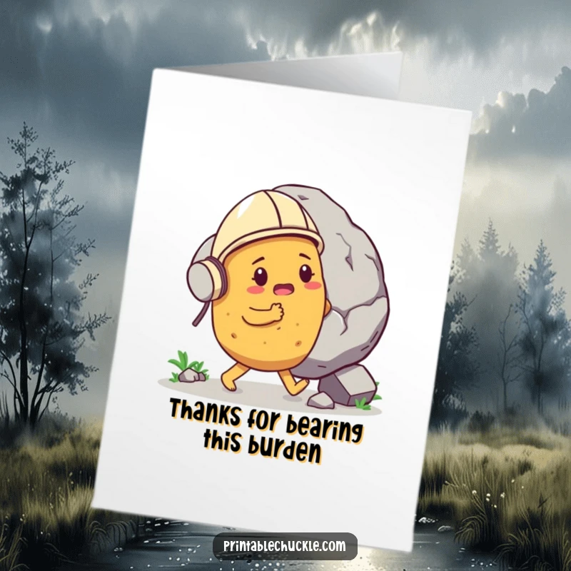 Funny free printable thank you card: Determined potato in helmet pushes a gigantic boulder, a humorous DIY gift.