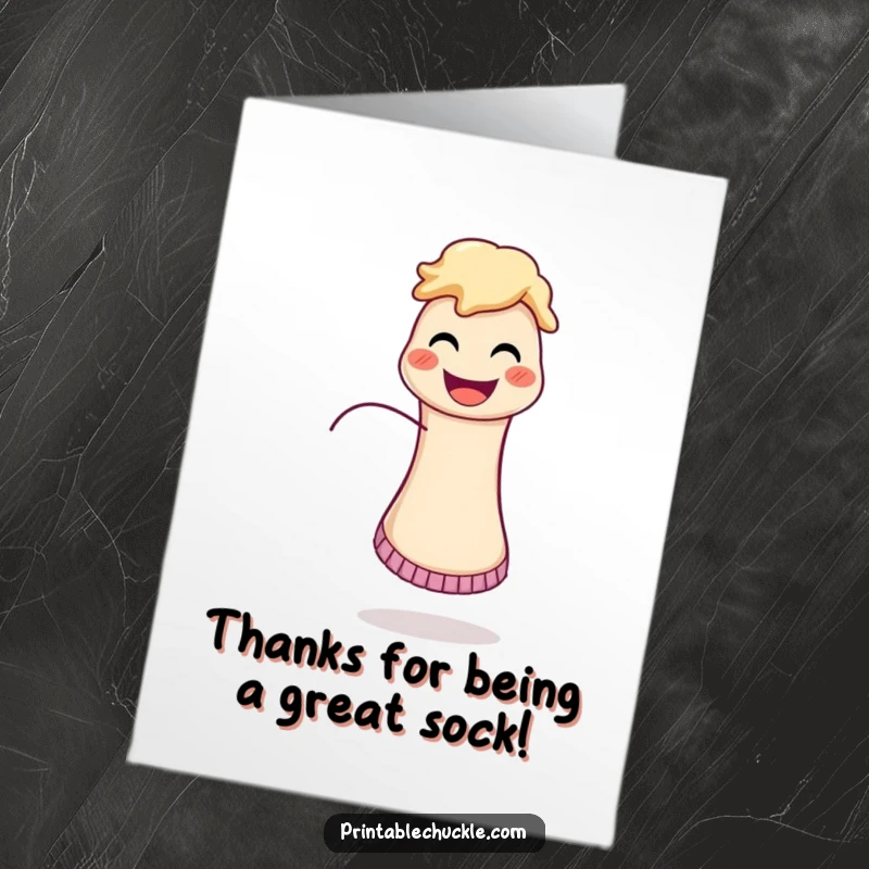 Funny Free Printable Thank You Card featuring a happy sock puppet with a string escaping, perfect for showing appreciation.
