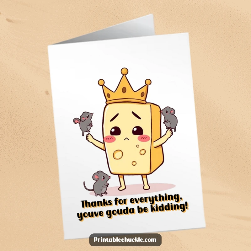 Funny Free Printable Thank You Card: Confused cheese king with crown juggles mice, a comical and memorable thank you art.