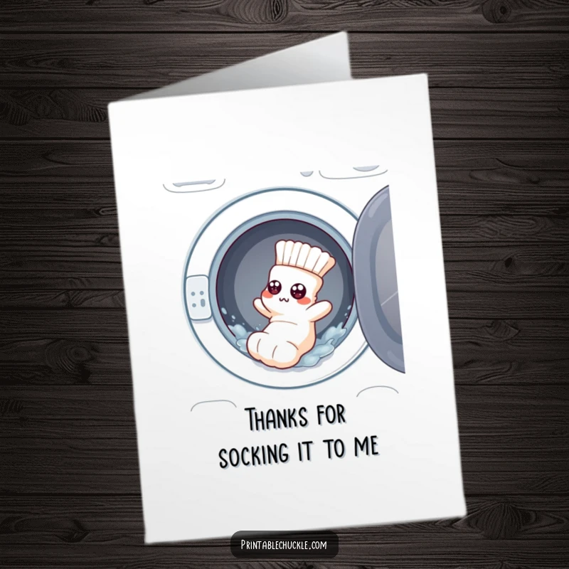 Funny Free Printable Thank You Card: Flustered sock with googly eyes tumbling from washing machine, humorous gratitude.