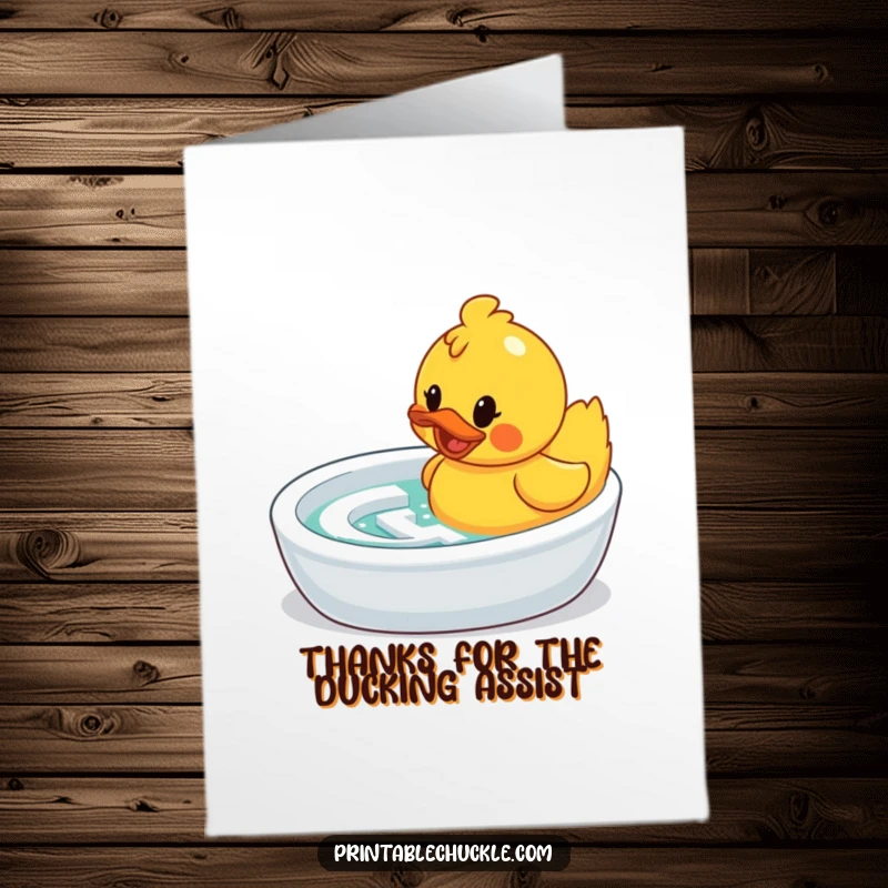 Funny Free Printable Thank You Card: Rubber duck navigating bathtub maze, determined, humorous gratitude.
