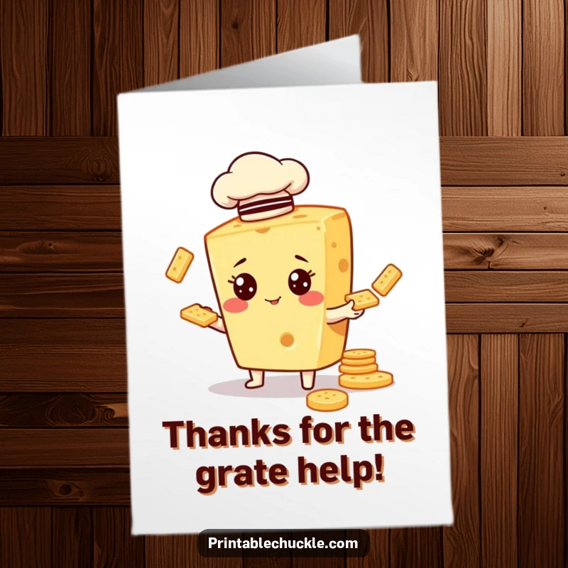 Funny Free Printable Thank You Card: Cheese character in a chef hat, juggling crackers with impressive, humorous skill for a thank you.