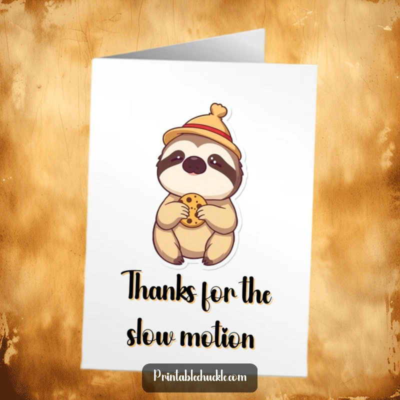 Funny Free Printable Thank You Card: Lazy sloth in tiny hat, slowly reaching for cookie, humorous gratitude.