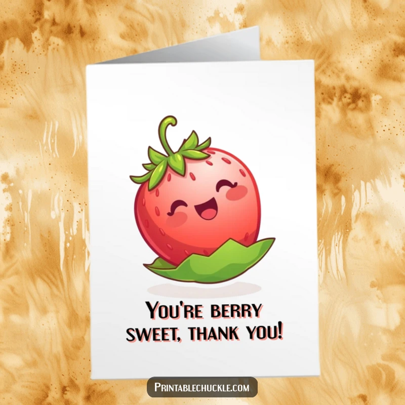 Funny Free Printable Thank You Card: A contented strawberry drifts amusingly on its own leaf, a whimsical symbol of thanks.
