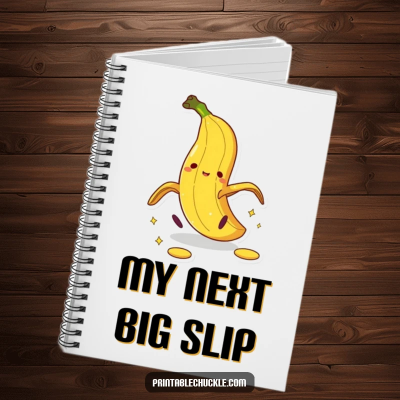 Funny banana peel notebook with a dramatic pratfall illustration, perfect for humorous note-taking.