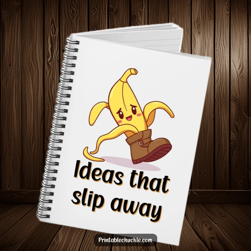 Funny notebook featuring a banana peel comically tripping a confused boot, perfect for capturing funny thoughts.