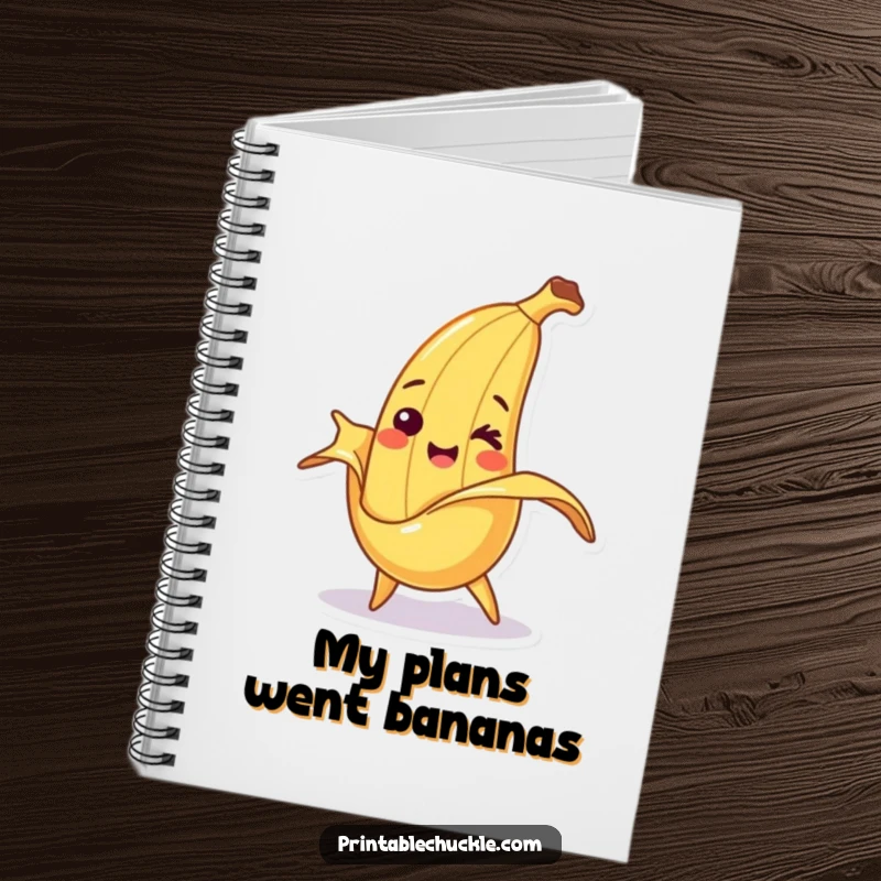 Funny notebook with a smiling banana character tripping over its peel, ready to capture cheerful ideas.