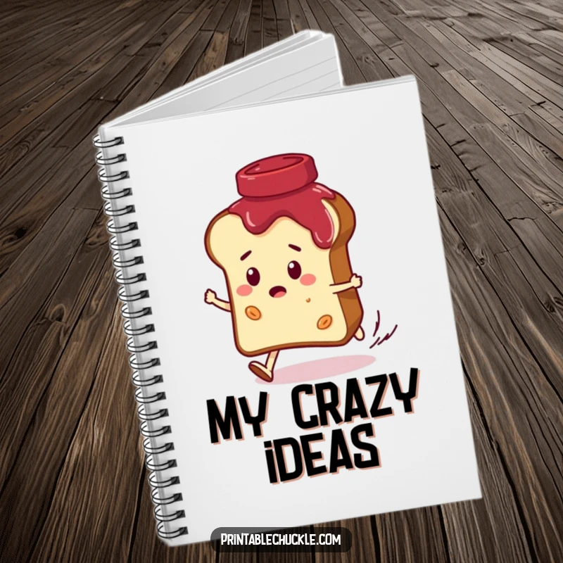Funny notebook featuring a convinced bread slice character hilariously being chased by a giggling jar of jam, perfect for jotting down notes with breakfast humor.