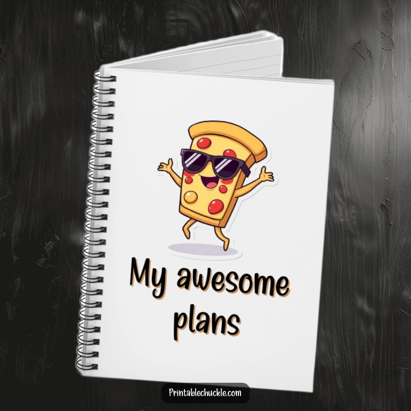 Funny notebook with a pizza slice wearing sunglasses, breakdancing, perfect for jotting down dance moves and creative ideas.