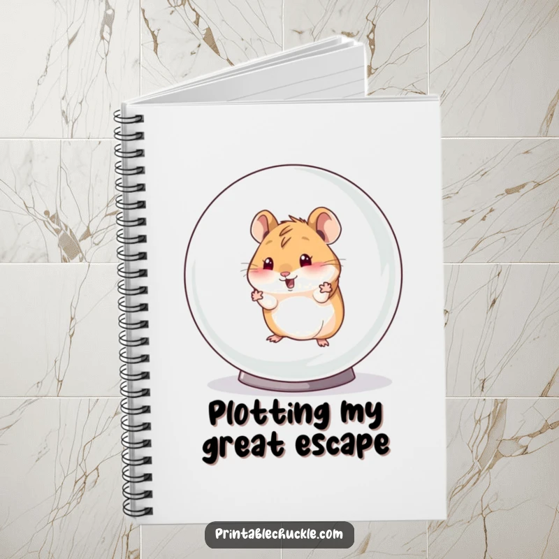 Funny notebook cover with a hamster escaping a giant hamster ball, perfect for jotting down funny thoughts and ideas.