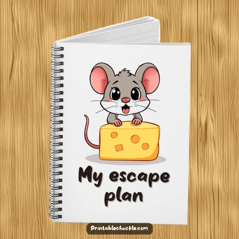 Funny notebook cover featuring a startled piece of cheese trying to escape from a hungry cartoon mouse.