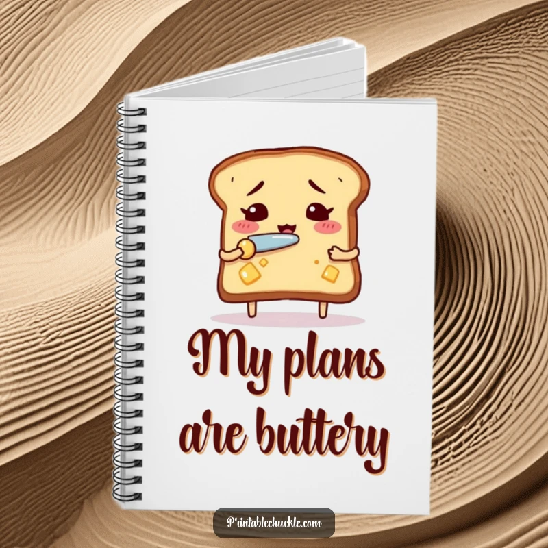 Funny nervous toast notebook, cover art shows a nervous piece of toast attempting to butter itself with a tiny knife.