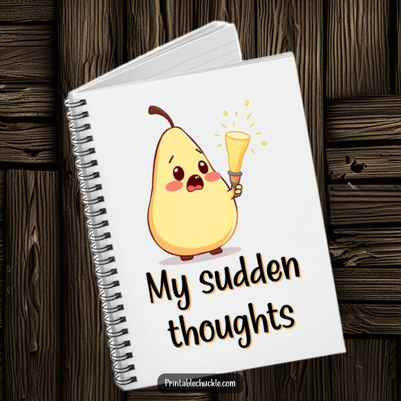 Funny notebook cover featuring a surprised pear as a champagne cork pops, ideal for jotting down funny observations.