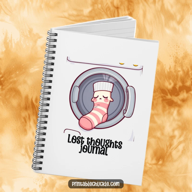 Funny notebook with a sleepy sock being pulled into a dryer by an unseen force, ideal for jotting notes.
