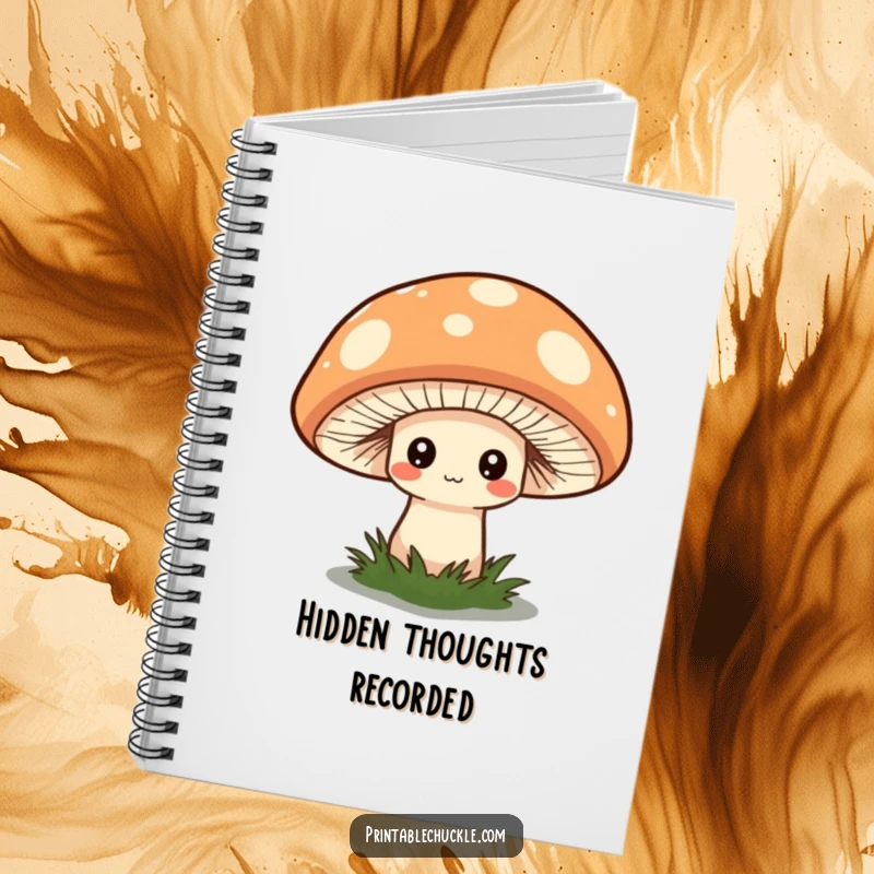 Funny notebook featuring a shy mushroom hiding under a quirky hat, great for journaling whimsically.