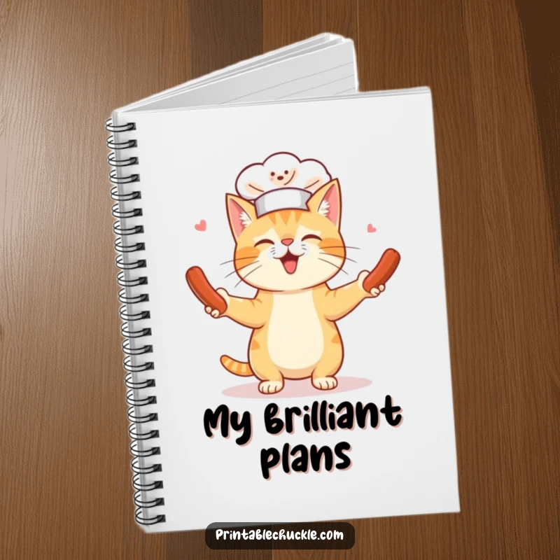 Funny notebook featuring a cat wearing a tiny chef hat hilariously juggling spinning hot dogs, perfect for jotting down notes with culinary humor.