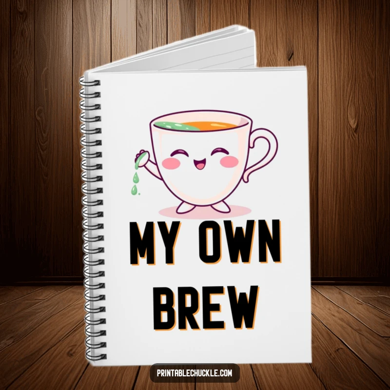 Funny notebook with a cute teacup character comically attempting to pour itself, perfect for jotting notes.