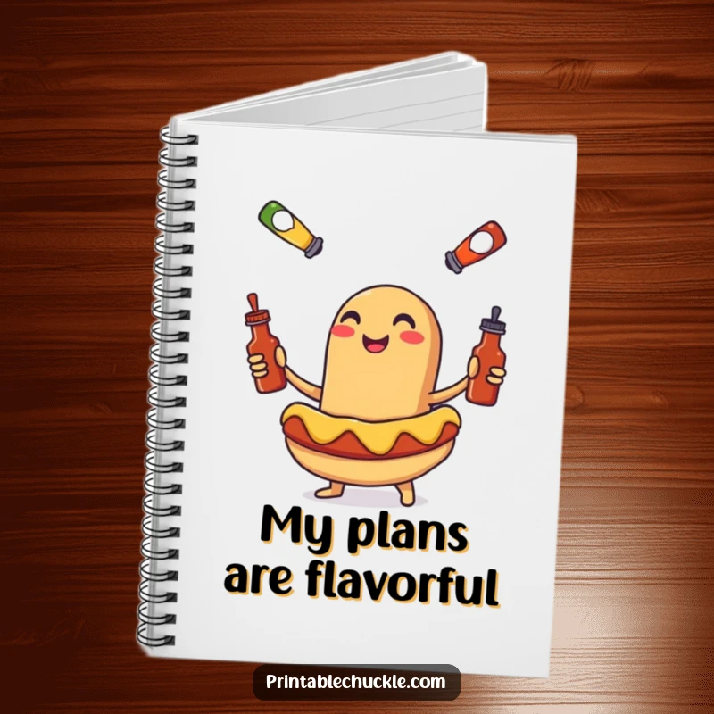 Funny notebook with a smiling hot dog juggling tiny condiment bottles, a humorous stationery item for notes.