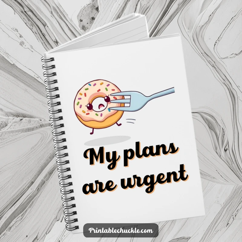 Funny notebook with a nervous donut with sprinkles being chased by a giant fork, a humorous stationery item for notes.