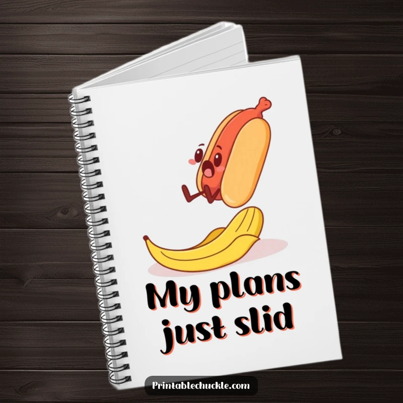 Funny notebook with a surprised banana peel sliding under a walking hot dog, ideal for humorous notes.