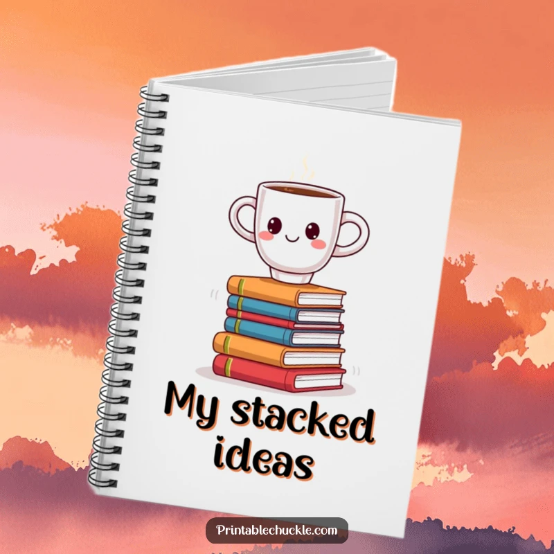 Funny notebook with a smiling coffee cup precariously balancing on a wobbly stack of books, great for jotting down reading notes.