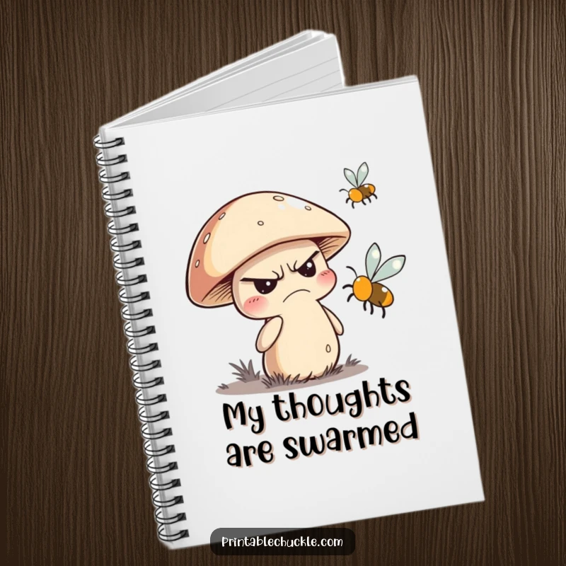 Funny notebook with a grumpy mushroom character trying to swat away a buzzing fly, ideal for humorous notes.