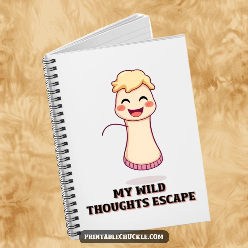 Funny notebook featuring a joyful sock puppet with its string running free, ready to capture your bright ideas.