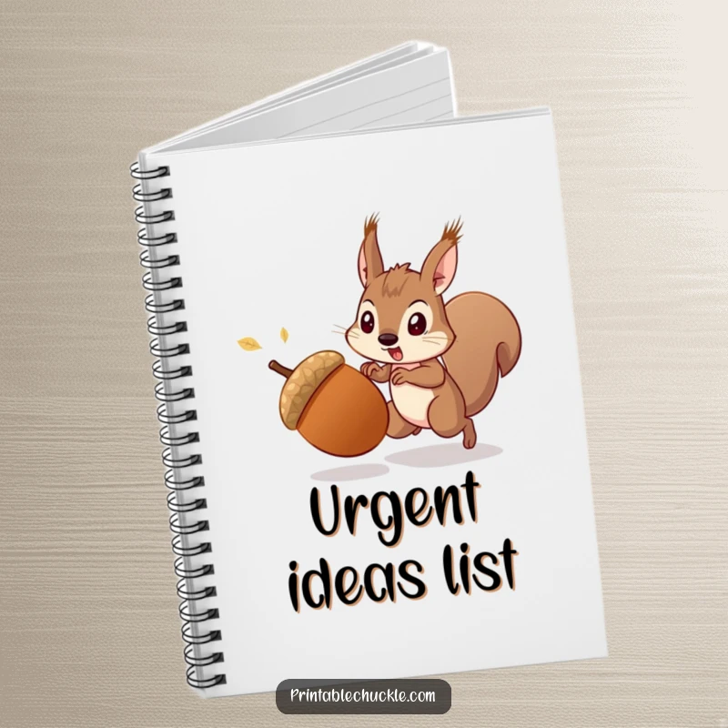 Funny startled acorn being chased by a determined squirrel, on a funny notebook cover, ready for funny notes, a useful funny gift.