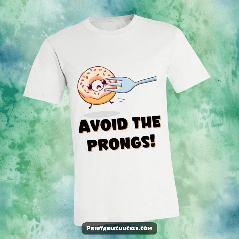 Funny t-shirt depicting a nervous donut with sprinkles fleeing from a giant fork, a humorous and relatable food-themed gift.