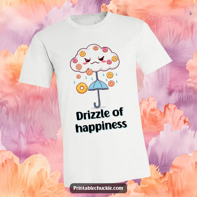 Funny Grumpy Cloud Donut Rain T-Shirt: A perpetually grumpy cloud showers donuts onto a happy umbrella, a delightful paradox.