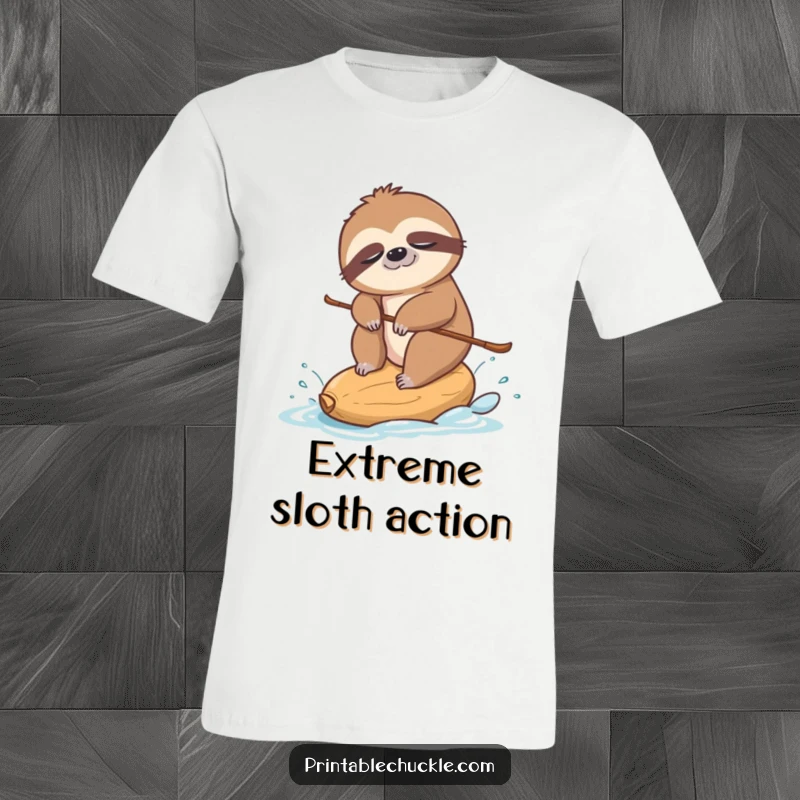 Funny t-shirt depicting a sleepy sloth precariously water-skiing on a single cashew nut, a humorous and unique sporting attempt.
