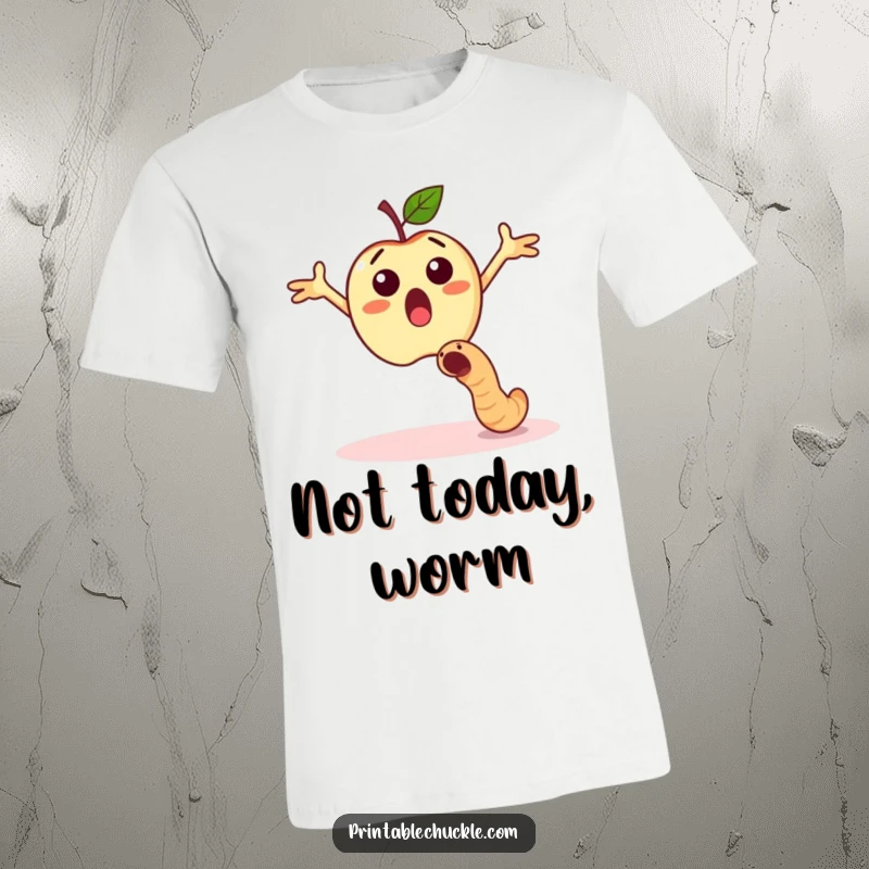 Funny surprised apple dodging a falling worm with outstretched arms on a t-shirt.
