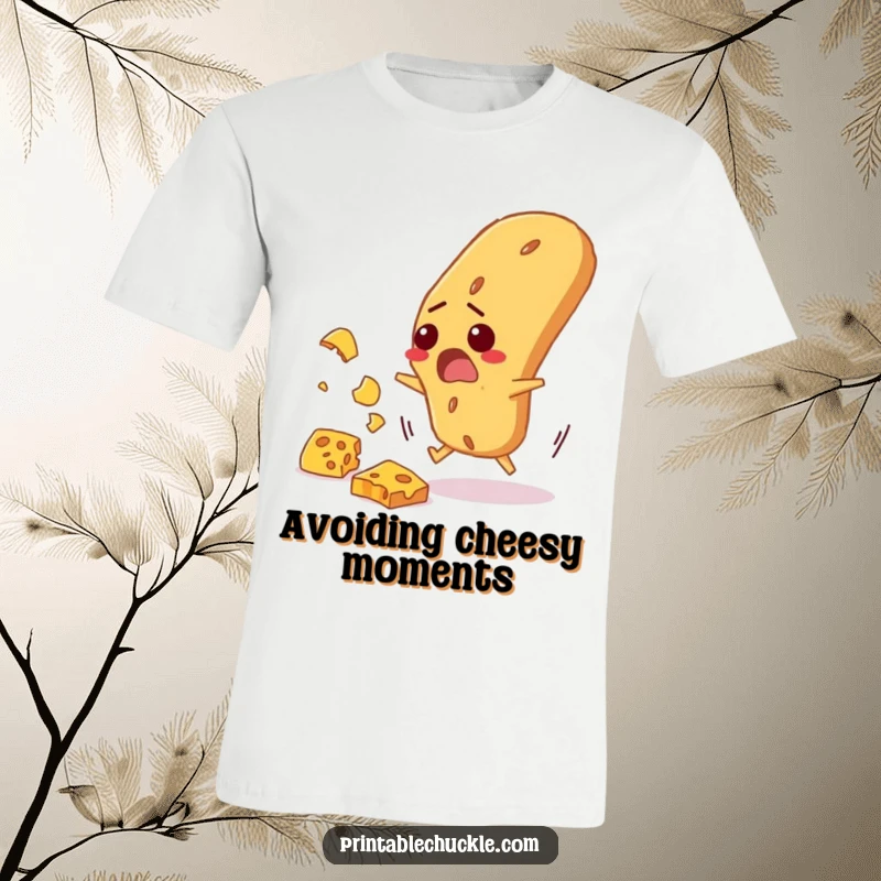 Funny t-shirt showing a startled baguette frantically dodging falling cheese, perfect apparel for food lovers with a sense of humor.