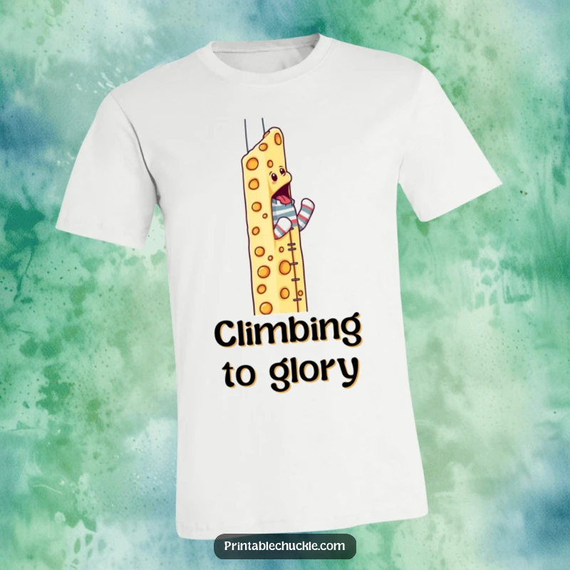 Funny sock puppet t-shirt featuring a determined character scaling a skyscraper constructed from cheese.