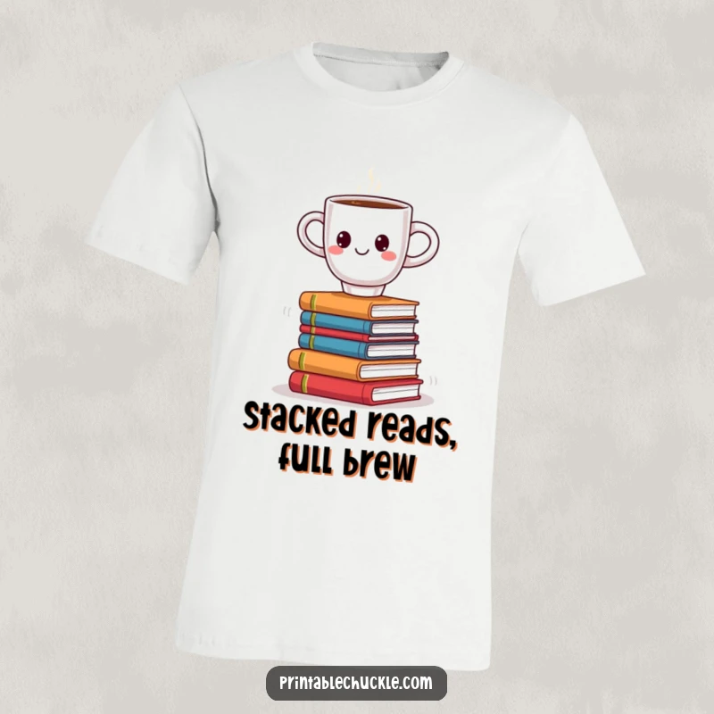 Funny t-shirt showing a smiling coffee cup precariously balancing on a wobbly stack of books, perfect for book lovers and coffee fans.