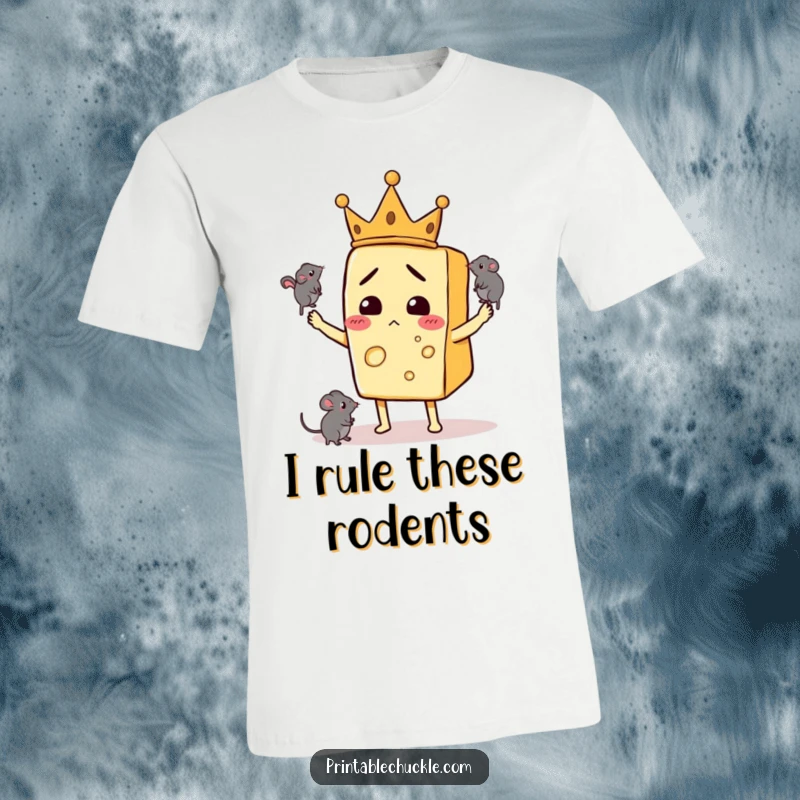 Funny t-shirt showcasing a bewildered cheese slice wearing a tiny crown and juggling three mice, looking utterly perplexed.