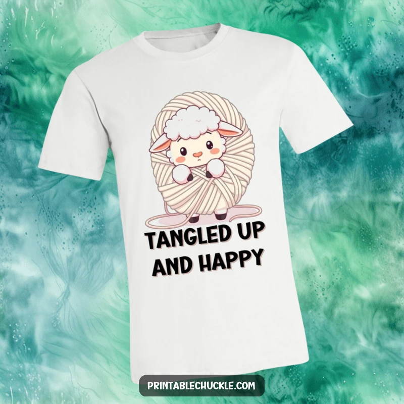 Funny fluffy sheep tangled in a giant ball of yarn, looking confused on a t-shirt, a humorous and cozy wearable.