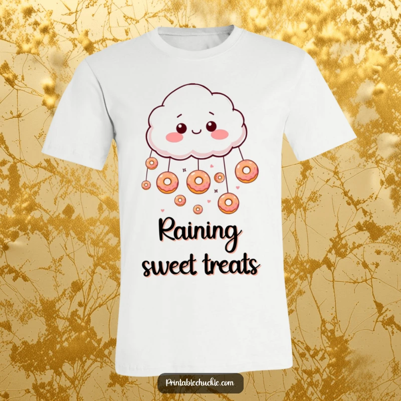 Funny giddy cloud raining small, floating donuts on a t-shirt, full of sugary delight and happiness.